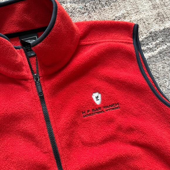 Men's Ouray H F Bar Ranch Saddlestring Wyoming Red Fleece Zip Vest Jacket Sz XL - Picture 2 of 4